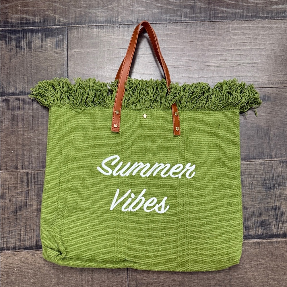 NWOT Green Tote Bag with Brown Handles